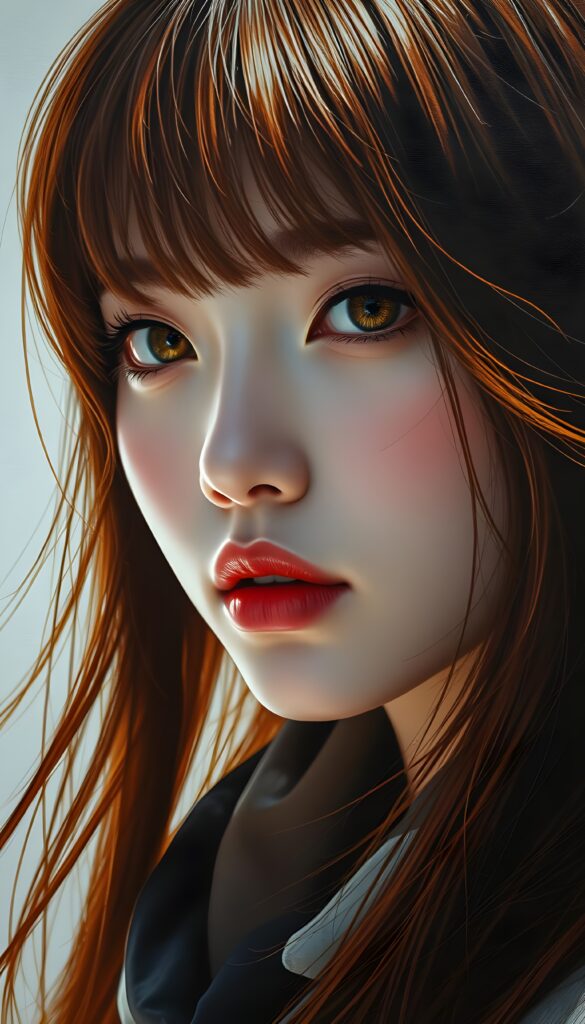 A captivating close-up of a Korean girl with flowing jet-red hair and amber highlights, her straight locks cascading like silk against the light. Her golden eyes shimmer with warmth, framed by delicate bangs that caress her youthful face. Her full lips are a vibrant red, accented by a touch of blush that enhances her natural beauty. She wears a luxurious black and white silk scarf, draped elegantly around her neck, adding a touch of sophistication. The lighting highlights her flawless porcelain skin, casting a soft glow that accentuates every feature. The scene is set against a backdrop of soft, diffused light, creating a harmonious balance between shadow and highlight, giving her an ethereal, almost angelic presence.