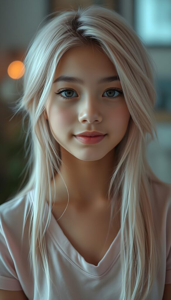 A captivating close-up portrait of a petite girl with long, straight, soft light pink hair styled in a side-swept manner with wispy layers. Her radiant brown eyes sparkle with intensity, and her pale skin glows under soft lighting. She wears a light pink plain t-shirt with a deep V-neck, her lips are vividly full, curved into a gentle smile. The background is blurred with hints of warm colors, highlighting her sharp features and making her the focal point of the image.