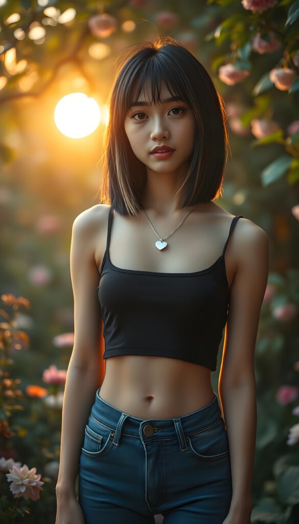 A captivating character of a young, slender Asian girl with straight jet brown full open hair with blond highlights in the same length left and right, bangs cut and prefect bob cut, and dressed in a sleek, cropped black tank top and matching short blue jeans. Her attire accentuates her beautifully proportioned figure. She stands gracefully in a vibrant, enchanted garden filled with blooming flowers and lush greenery under a warm, golden sunset, with soft light filtering through the leaves, casting a magical glow around her. Her skin glows softly, and she exudes an aura of serene confidence and mystery. She wears a silver necklace with a heart.