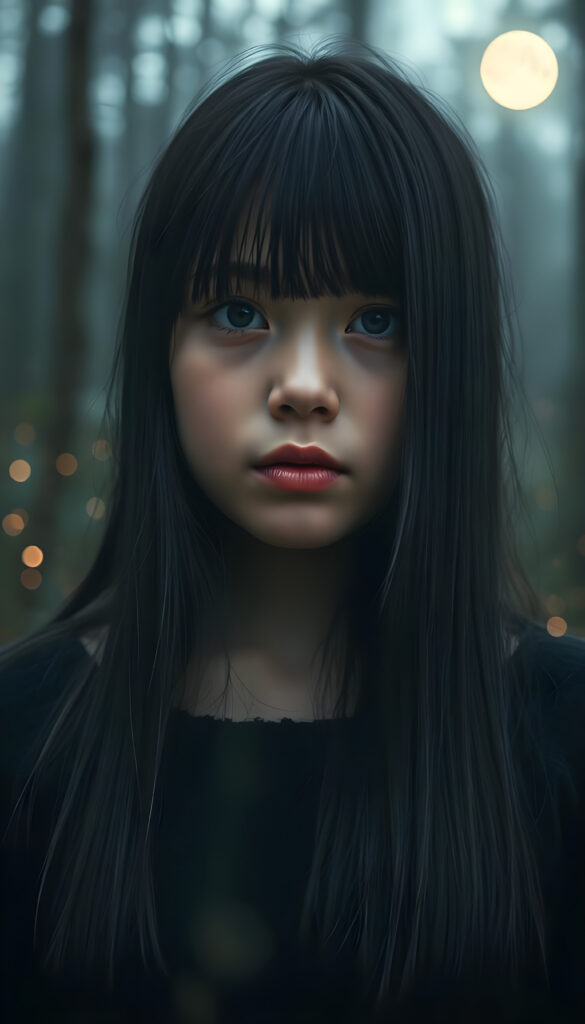 A captivating close-up portrait of a young girl with long, straight, and shiny jet-black hair, her lips full and red, wearing a soft black wool sweater. She gazes directly at the viewer with a gentle expression. The scene is set against a mystical, misty forest with faint moonlight filtering through the trees, creating a serene and magical atmosphere. The forest is filled with lush greenery and glowing fireflies, adding a touch of enchantment to the scene. The focus is sharp on her face and upper body, with a soft bokeh effect in the background.
