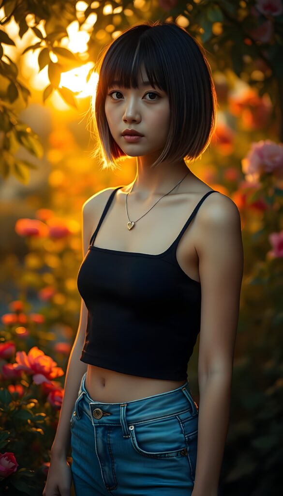 A captivating character of a young, slender Asian girl with straight jet brown full open hair with blond highlights in the same length left and right, bangs cut and prefect bob cut, and dressed in a sleek, cropped black tank top and matching short blue jeans. Her attire accentuates her beautifully proportioned figure. She stands gracefully in a vibrant, enchanted garden filled with blooming flowers and lush greenery under a warm, golden sunset, with soft light filtering through the leaves, casting a magical glow around her. Her skin glows softly, and she exudes an aura of serene confidence and mystery. She wears a silver necklace with a heart.