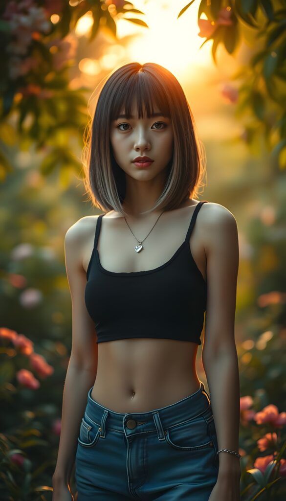 A captivating character of a young, slender Asian girl with straight jet brown full open hair with blond highlights in the same length left and right, bangs cut and prefect bob cut, and dressed in a sleek, cropped black tank top and matching short blue jeans. Her attire accentuates her beautifully proportioned figure. She stands gracefully in a vibrant, enchanted garden filled with blooming flowers and lush greenery under a warm, golden sunset, with soft light filtering through the leaves, casting a magical glow around her. Her skin glows softly, and she exudes an aura of serene confidence and mystery. She wears a silver necklace with a heart.