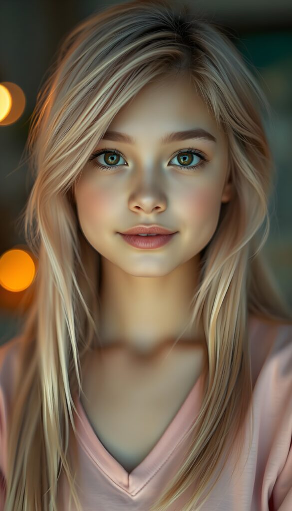 A captivating close-up portrait of a petite girl with long, straight, soft light pink hair styled in a side-swept manner with wispy layers. Her radiant brown eyes sparkle with intensity, and her pale skin glows under soft lighting. She wears a light pink plain t-shirt with a deep V-neck, her lips are vividly full, curved into a gentle smile. The background is blurred with hints of warm colors, highlighting her sharp features and making her the focal point of the image.