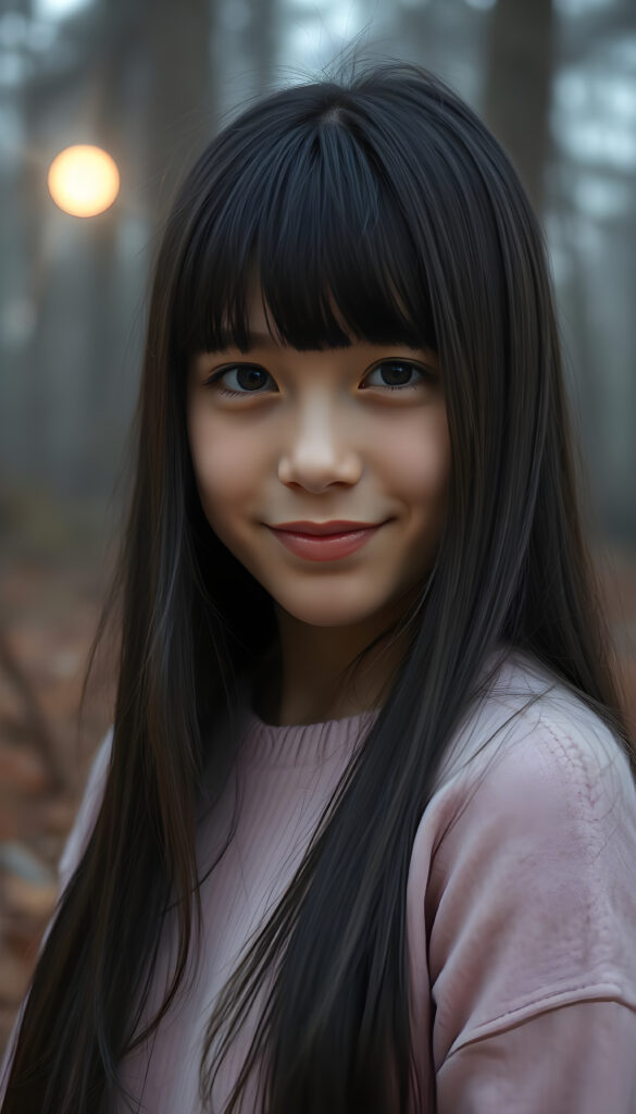 A captivating close-up portrait of a young, radiant girl with long, straight, shiny jet-black hair cascading over her shoulders, her bangs framing her face. Her full, plump lips are slightly parted, exuding a gentle smile. She wears a soft pink sweater, its texture suggesting fine wool, contrasting beautifully with her tanned complexion. Her perfect, curved body is highlighted against a misty, ethereal forest backdrop, with moonlight filtering through the trees, creating a dreamy, enchanting atmosphere. The scene is bathed in soft, warm lighting, accentuating her features and the natural beauty of the surroundings.