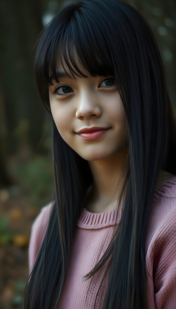 A captivating close-up portrait of a young, radiant girl with long, straight, shiny jet-black hair cascading over her shoulders, her bangs framing her face. Her full, plump lips are slightly parted, exuding a gentle smile. She wears a soft pink sweater, its texture suggesting fine wool, contrasting beautifully with her tanned complexion. Her perfect, curved body is highlighted against a misty, ethereal forest backdrop, with moonlight filtering through the trees, creating a dreamy, enchanting atmosphere. The scene is bathed in soft, warm lighting, accentuating her features and the natural beauty of the surroundings.