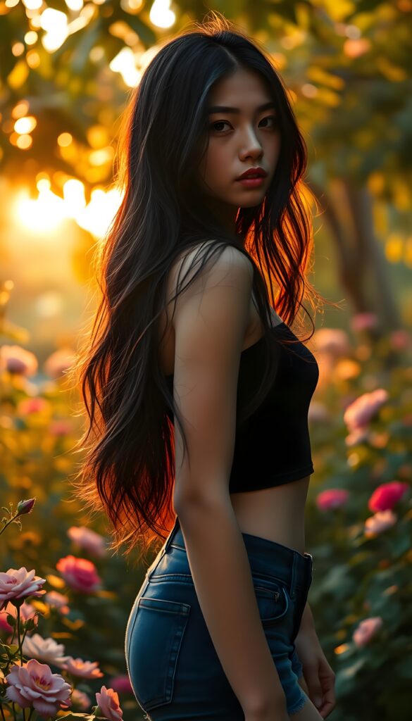 a (((cute exotic teen girl))) dressed in a sleek black cropped tank top and matching blue short jeans pants, showcasing a beautifully proportioned figure and long, flowing black hair that gracefully falls down her back, embodying an air of sophistication and exoticism, standing in a garden, round dark small belly button.