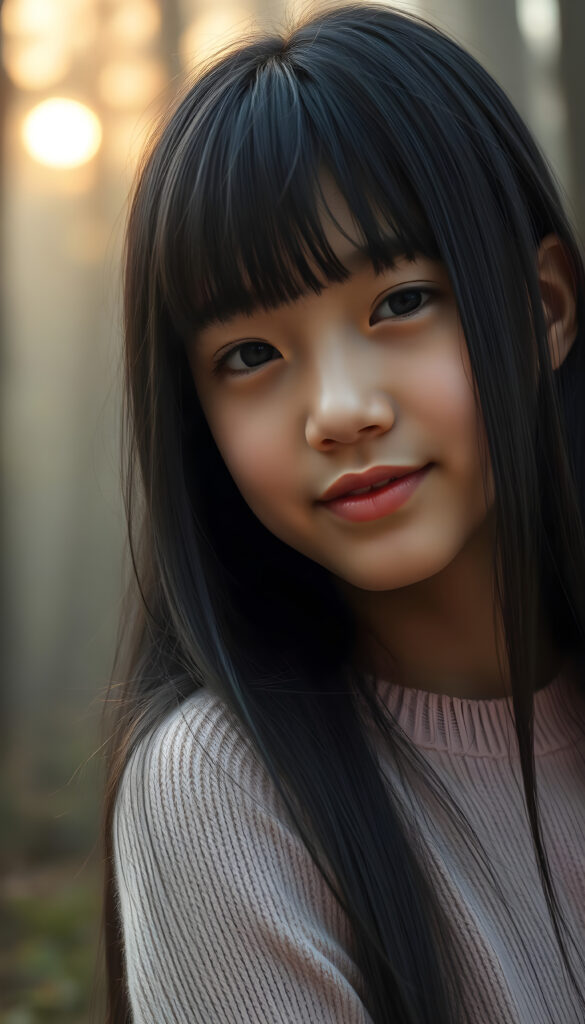 A captivating close-up portrait of a young, radiant girl with long, straight, shiny jet-black hair cascading over her shoulders, her bangs framing her face. Her full, plump lips are slightly parted, exuding a gentle smile. She wears a soft pink sweater, its texture suggesting fine wool, contrasting beautifully with her tanned complexion. Her perfect, curved body is highlighted against a misty, ethereal forest backdrop, with moonlight filtering through the trees, creating a dreamy, enchanting atmosphere. The scene is bathed in soft, warm lighting, accentuating her features and the natural beauty of the surroundings.