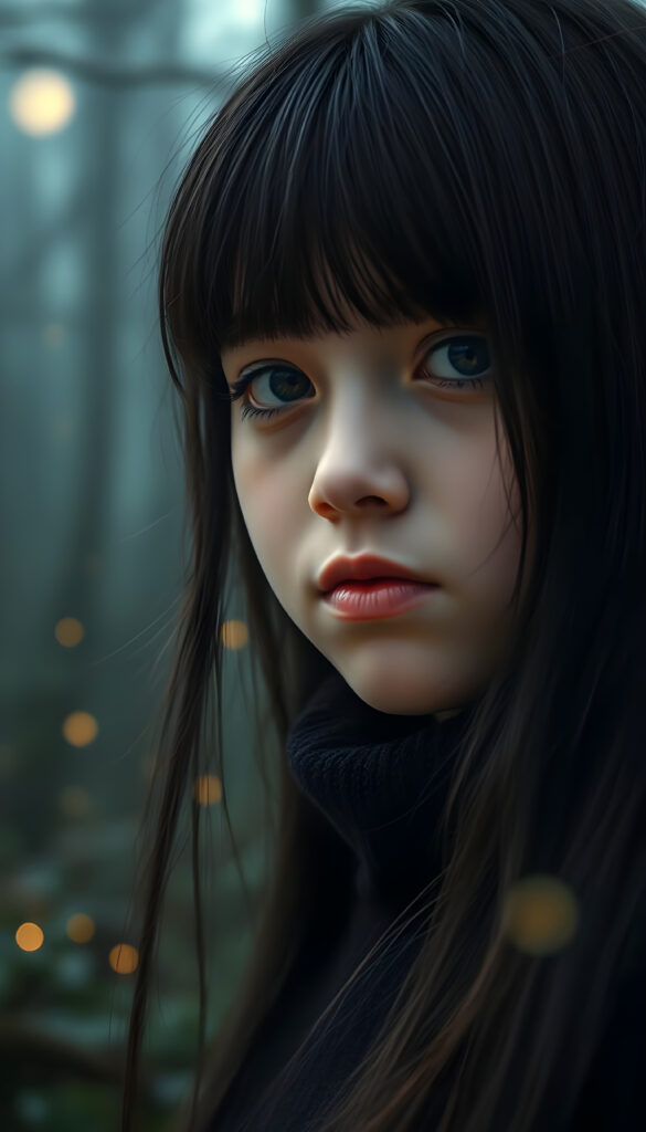 A captivating close-up portrait of a young girl with long, straight, and shiny jet-black hair, her lips full and red, wearing a soft black wool sweater. She gazes directly at the viewer with a gentle expression. The scene is set against a mystical, misty forest with faint moonlight filtering through the trees, creating a serene and magical atmosphere. The forest is filled with lush greenery and glowing fireflies, adding a touch of enchantment to the scene. The focus is sharp on her face and upper body, with a soft bokeh effect in the background.