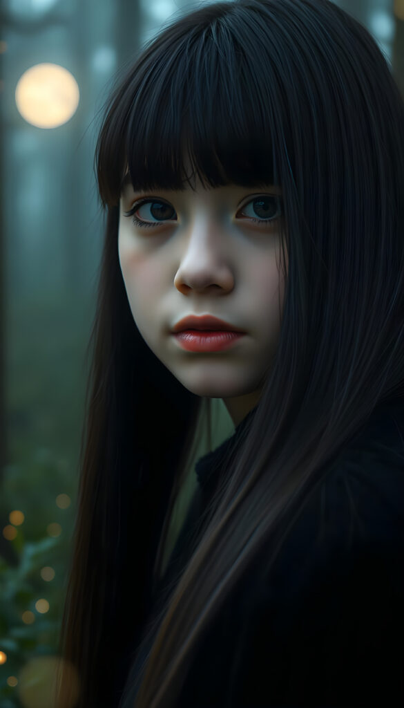 A captivating close-up portrait of a young girl with long, straight, and shiny jet-black hair, her lips full and red, wearing a soft black wool sweater. She gazes directly at the viewer with a gentle expression. The scene is set against a mystical, misty forest with faint moonlight filtering through the trees, creating a serene and magical atmosphere. The forest is filled with lush greenery and glowing fireflies, adding a touch of enchantment to the scene. The focus is sharp on her face and upper body, with a soft bokeh effect in the background.