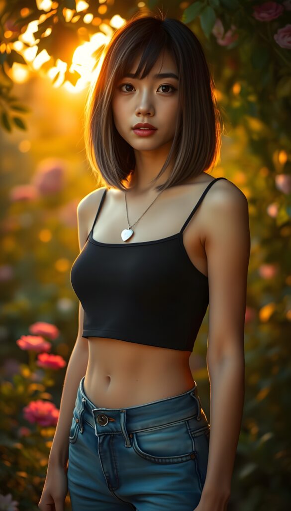 A captivating character of a young, slender Asian girl with straight jet brown full open hair with blond highlights in the same length left and right, bangs cut and prefect bob cut, and dressed in a sleek, cropped black tank top and matching short blue jeans. Her attire accentuates her beautifully proportioned figure. She stands gracefully in a vibrant, enchanted garden filled with blooming flowers and lush greenery under a warm, golden sunset, with soft light filtering through the leaves, casting a magical glow around her. Her skin glows softly, and she exudes an aura of serene confidence and mystery. She wears a silver necklace with a heart.