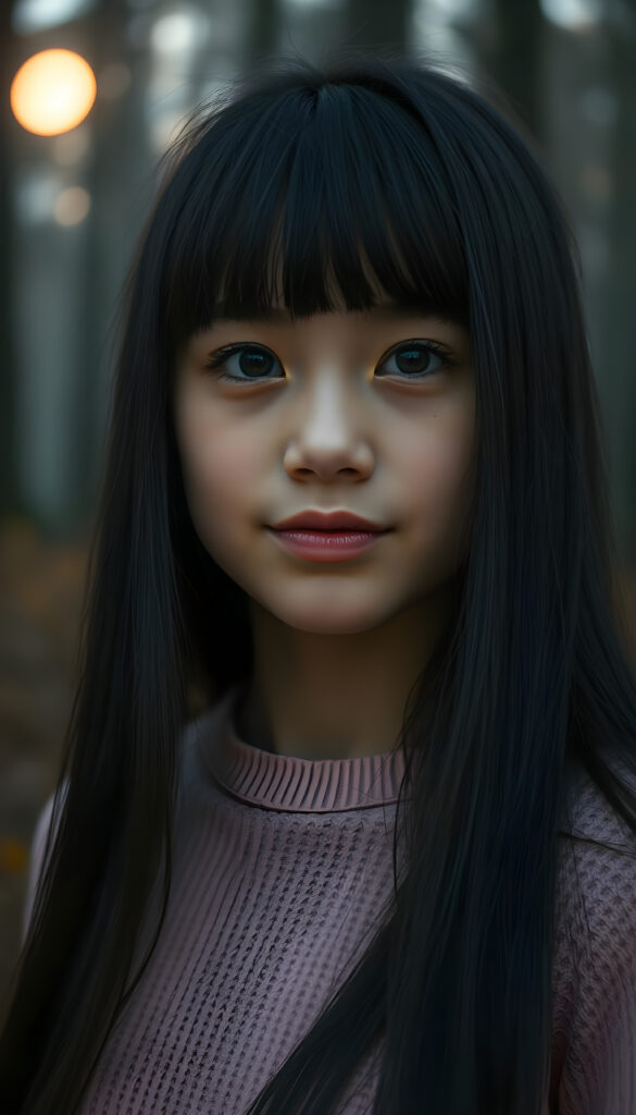 A captivating close-up portrait of a young, radiant girl with long, straight, shiny jet-black hair cascading over her shoulders, her bangs framing her face. Her full, plump lips are slightly parted, exuding a gentle smile. She wears a soft pink sweater, its texture suggesting fine wool, contrasting beautifully with her tanned complexion. Her perfect, curved body is highlighted against a misty, ethereal forest backdrop, with moonlight filtering through the trees, creating a dreamy, enchanting atmosphere. The scene is bathed in soft, warm lighting, accentuating her features and the natural beauty of the surroundings.
