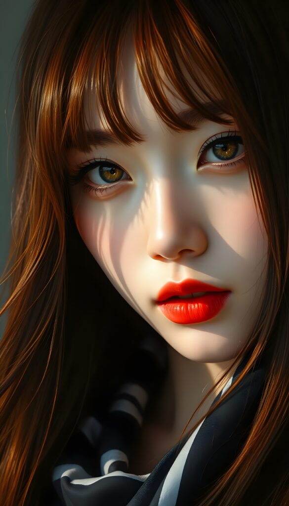 A captivating close-up of a Korean girl with flowing jet-red hair and amber highlights, her straight locks cascading like silk against the light. Her golden eyes shimmer with warmth, framed by delicate bangs that caress her youthful face. Her full lips are a vibrant red, accented by a touch of blush that enhances her natural beauty. She wears a luxurious black and white silk scarf, draped elegantly around her neck, adding a touch of sophistication. The lighting highlights her flawless porcelain skin, casting a soft glow that accentuates every feature. The scene is set against a backdrop of soft, diffused light, creating a harmonious balance between shadow and highlight, giving her an ethereal, almost angelic presence.