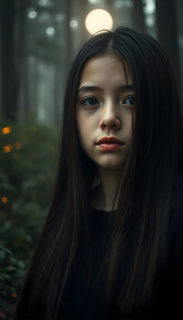 A captivating close-up portrait of a young girl with long, straight, and shiny jet-black hair, her lips full and red, wearing a soft black wool sweater. She gazes directly at the viewer with a gentle expression. The scene is set against a mystical, misty forest with faint moonlight filtering through the trees, creating a serene and magical atmosphere. The forest is filled with lush greenery and glowing fireflies, adding a touch of enchantment to the scene. The focus is sharp on her face and upper body, with a soft bokeh effect in the background.