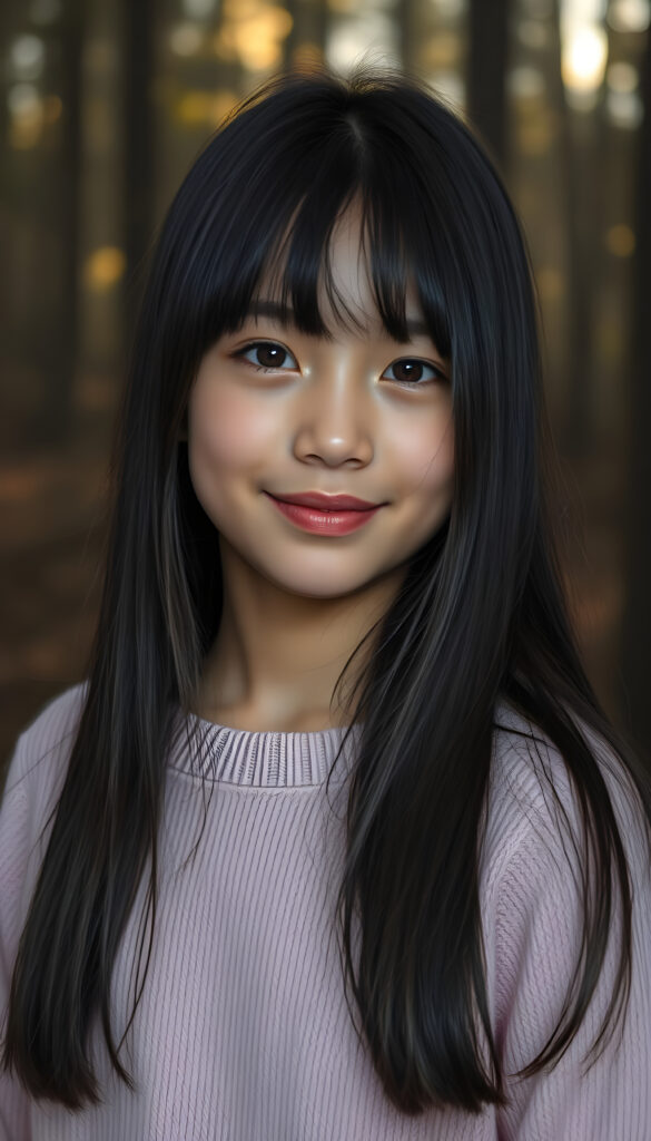 A captivating close-up portrait of a young, radiant girl with long, straight, shiny jet-black hair cascading over her shoulders, her bangs framing her face. Her full, plump lips are slightly parted, exuding a gentle smile. She wears a soft pink sweater, its texture suggesting fine wool, contrasting beautifully with her tanned complexion. Her perfect, curved body is highlighted against a misty, ethereal forest backdrop, with moonlight filtering through the trees, creating a dreamy, enchanting atmosphere. The scene is bathed in soft, warm lighting, accentuating her features and the natural beauty of the surroundings.