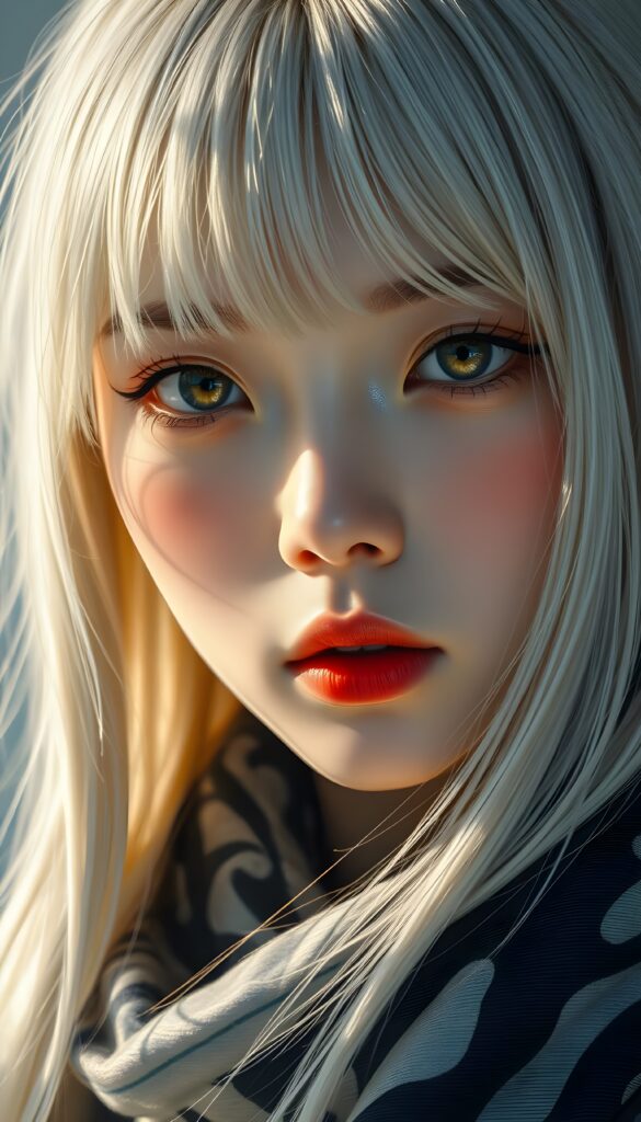 A captivating close-up of a Korean girl with flowing jet-white hair and blonde highlights, her straight locks cascading like silk against the light. Her golden eyes shimmer with warmth, framed by delicate bangs that caress her youthful face. Her full lips are a vibrant red, accented by a touch of blush that enhances her natural beauty. She wears a luxurious black and white silk scarf, draped elegantly around her neck, adding a touch of sophistication. The lighting highlights her flawless porcelain skin, casting a soft glow that accentuates every feature. The scene is set against a backdrop of soft, diffused light, creating a harmonious balance between shadow and highlight, giving her an ethereal, almost angelic presence.