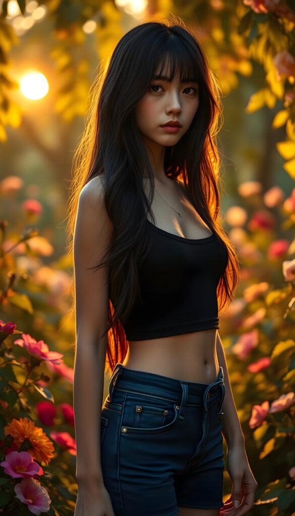 a (((cute exotic teen girl))) dressed in a sleek black cropped tank top and matching blue short jeans pants, showcasing a beautifully proportioned figure and long, flowing black hair that gracefully falls down her back, embodying an air of sophistication and exoticism, standing in a garden, round dark small belly button.