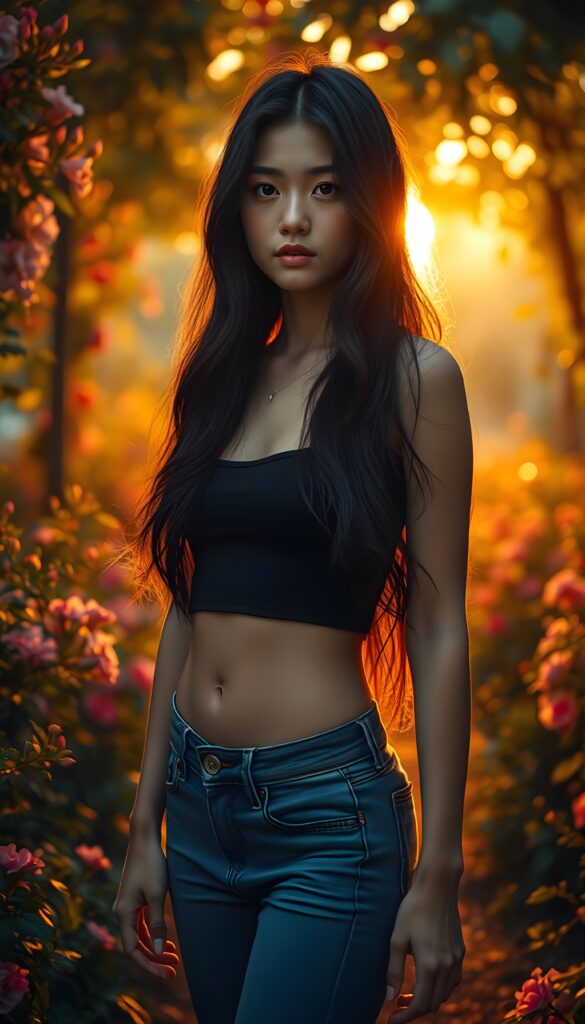 a (((cute exotic teen girl))) dressed in a sleek black cropped tank top and matching blue short jeans pants, showcasing a beautifully proportioned figure and long, flowing black hair that gracefully falls down her back, embodying an air of sophistication and exoticism, standing in a garden, round dark small belly button.