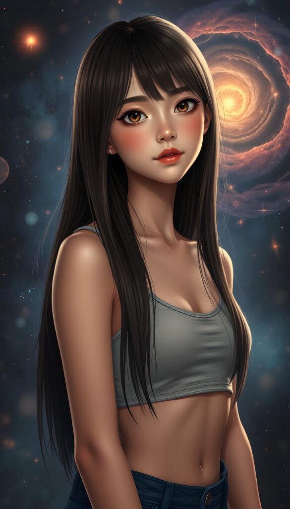 A captivating, imaginative illustration featuring a perfectly proportioned, super cute teen girl with straight, soft, very long dark brown hair cascading down her shoulders. Her full lips and big, innocent eyes draw the viewer in, exuding a sense of youthful charm. She wears a short-cropped tank top that highlights her flawlessly matching eyes and perfect skin, revealing a distinctive six-pack on her abs that complements her overall aesthetic. The girl stands in front of a dynamic, cosmic backdrop filled with swirling galaxies, vibrant nebulae, and shimmering stars, adding a mystical and otherworldly dimension to the portrait. Soft, ethereal lighting illuminates her features, casting a gentle glow that contrasts beautifully with the dark, starry background. Her pose is confident and graceful, capturing the essence of youthful beauty and wonder.