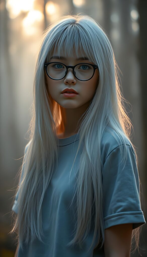 A captivating, surreal portrait of a young teen girl with super straight, shimmering silver hair that cascades like liquid moonlight, bangs cut. She stands in a fogy forest bathed in soft, golden twilight. The composition combines elements of fantasy and ethereal beauty, emphasizing the girl's enigmatic presence in a serene, otherworldly setting. She wears a light blue baseball t-shirt. black oval glasses.