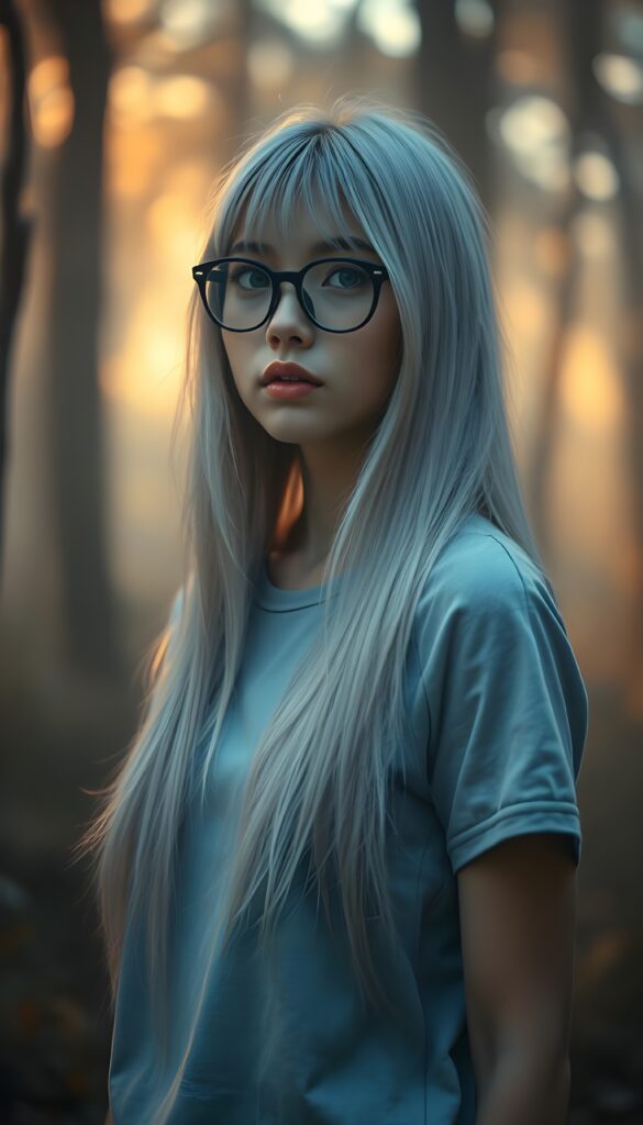 A captivating, surreal portrait of a young teen girl with super straight, shimmering silver hair that cascades like liquid moonlight, bangs cut. She stands in a fogy forest bathed in soft, golden twilight. The composition combines elements of fantasy and ethereal beauty, emphasizing the girl's enigmatic presence in a serene, otherworldly setting. She wears a light blue baseball t-shirt. black oval glasses.