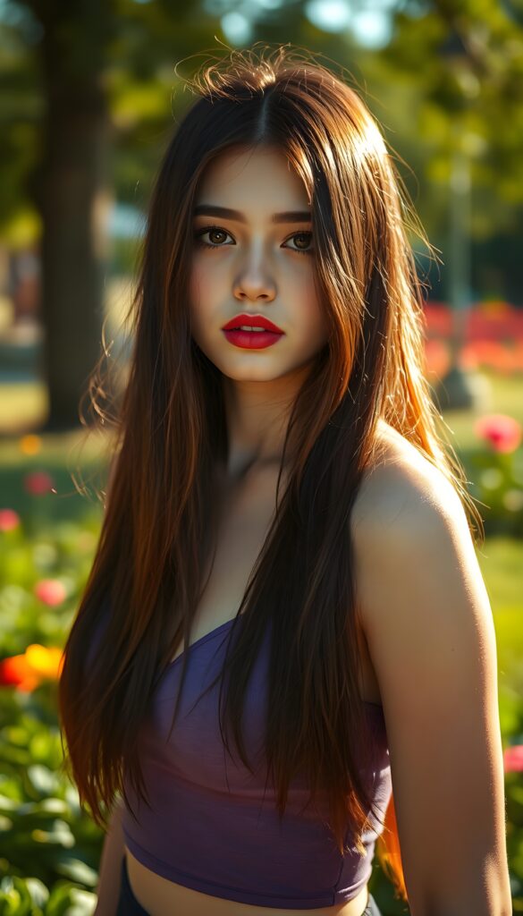A captivating portrait of a young girl with long, flowing straight burgundy hair, her hair falls down to her shoulder and strikingly detailed burgundy eyes that shimmer with an otherworldly intensity. Her pale skin contrasts beautifully with her vividly full lips, which are painted a deep, rich red. She stands in a sun-drenched park, surrounded by lush greenery and vibrant flowers, as a gentle breeze tousles her hair. The scene is bathed in warm, golden sunlight, casting soft shadows and highlighting the intricate details of her features. The image is rendered in 8K UHD, with enhanced clarity and depth, creating a hyper-realistic and ethereal atmosphere. She wears a purple cropped spaghetti tank top, deep v-neck. Seductive. View from the side. Sun kissed skin.