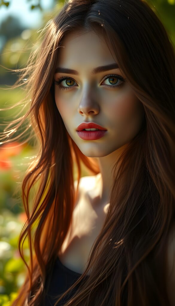 A captivating portrait of a young girl with long, flowing burgundy hair and strikingly detailed burgundy eyes that shimmer with an otherworldly intensity. Her pale skin contrasts beautifully with her vividly full lips, which are painted a deep, rich red. She stands in a sun-drenched park, surrounded by lush greenery and vibrant flowers, as a gentle breeze tousles her hair. The scene is bathed in warm, golden sunlight, casting soft shadows and highlighting the intricate details of her features. The image is rendered in 8K UHD, with enhanced clarity and depth, creating a hyper-realistic and ethereal atmosphere.