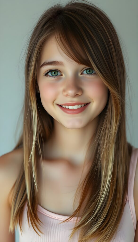 A captivating portrait of a young girl with long, straight, maroon hair with blonde highlights cascading gracefully, her hair partially framing her luminous light green eyes, giving her an ethereal charm. She has full lips and a radiant smile that exudes happiness. The girl's hair is neatly styled, adding a touch of sophistication. She wears a simple yet elegant light pink tank top that complements her radiant complexion. The light grey backdrop adds a minimalist touch, drawing focus to her flawless features and joyful expression, all captured under a warm, soft lighting that enhances the overall composition.