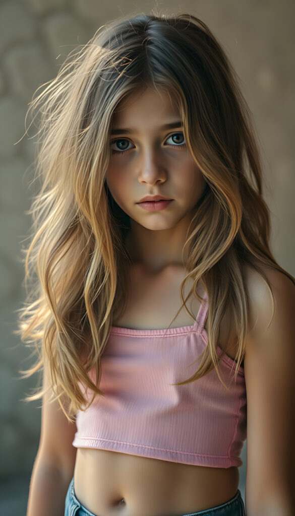 A captivating portrait of a young, stylish girl with long, wavy brown hair and blonde highlights, exuding a sense of sadness. She wears a short, pink tank top that accentuates her curves and blue denim jeans. Her expression is melancholic, her eyes glistening with emotion. The background is softly blurred, focusing attention on her. The lighting is warm and natural, casting gentle shadows that highlight her features. Her belly button is visible, adding to her youthful charm. The image is rendered in vivid colors, with a shallow depth of field to enhance the subject's presence.