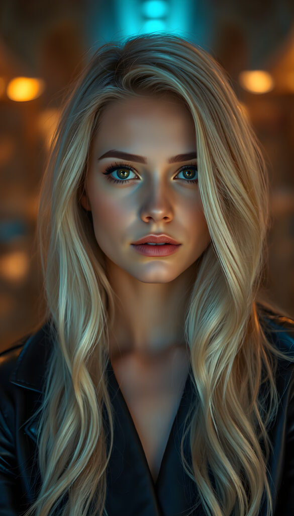 A captivating portrait of a young woman with long, wavy platinum blonde hair, cascading in a soft, layered manner. Her eyes are a deep, enchanting brown, framed by meticulously groomed, arched eyebrows. She wears a sleek, black leather jacket that adds an air of modern sophistication. The background is a dynamic interplay of warm golden lights and cool blue tones, creating a striking contrast that draws the eye. Soft, diffused lighting accentuates her features, casting subtle shadows that enhance the depth and texture of her hair. The atmosphere is serene yet vibrant, blending elegance with a touch of mystery, evoking a sense of timeless beauty.