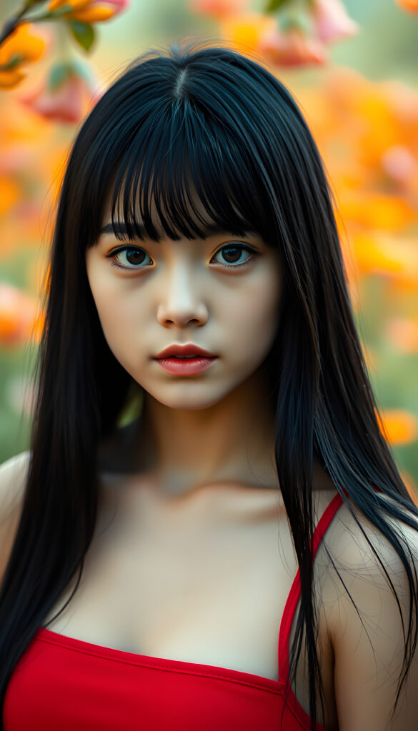 A captivating portrait of a youthful well busty teenage girl with smooth black long straight hair styled in delicate side-swept bangs, highlighting her expressive, piercing eyes. She wears a red sleek, cropped tank top that complements her delicate features. The scene is set against a vibrant spring backdrop, creating a serene and empathetic atmosphere. The focus is on her face, with soft, diffused lighting that accentuates her emotions and the intricate details of her appearance.
