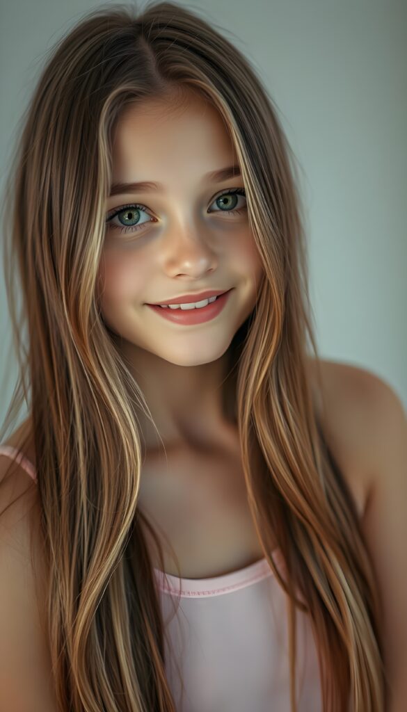 A captivating portrait of a young girl with long, straight, maroon hair with blonde highlights cascading gracefully, her hair partially framing her luminous light green eyes, giving her an ethereal charm. She has full lips and a radiant smile that exudes happiness. The girl's hair is neatly styled, adding a touch of sophistication. She wears a simple yet elegant light pink tank top that complements her radiant complexion. The light grey backdrop adds a minimalist touch, drawing focus to her flawless features and joyful expression, all captured under a warm, soft lighting that enhances the overall composition.