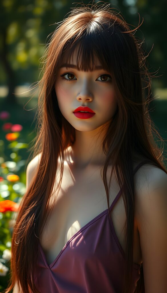 A captivating portrait of a young girl with long, flowing straight burgundy hair, her hair falls down to her shoulder and strikingly detailed burgundy eyes that shimmer with an otherworldly intensity. Her pale skin contrasts beautifully with her vividly full lips, which are painted a deep, rich red. She stands in a sun-drenched park, surrounded by lush greenery and vibrant flowers, as a gentle breeze tousles her hair. The scene is bathed in warm, golden sunlight, casting soft shadows and highlighting the intricate details of her features. The image is rendered in 8K UHD, with enhanced clarity and depth, creating a hyper-realistic and ethereal atmosphere. She wears a purple cropped spaghetti tank top, deep v-neck. Seductive. View from the side. Sun kissed skin.