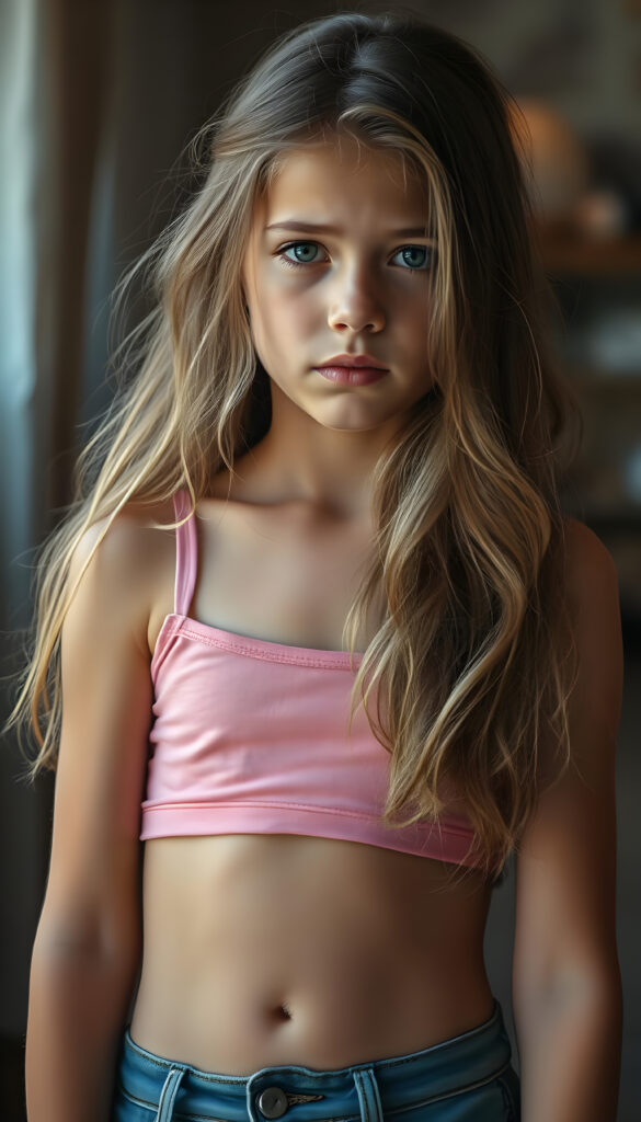 A captivating portrait of a young, stylish girl with long, wavy brown hair and blonde highlights, exuding a sense of sadness. She wears a short, pink tank top that accentuates her curves and blue denim jeans. Her expression is melancholic, her eyes glistening with emotion. The background is softly blurred, focusing attention on her. The lighting is warm and natural, casting gentle shadows that highlight her features. Her belly button is visible, adding to her youthful charm. The image is rendered in vivid colors, with a shallow depth of field to enhance the subject's presence.