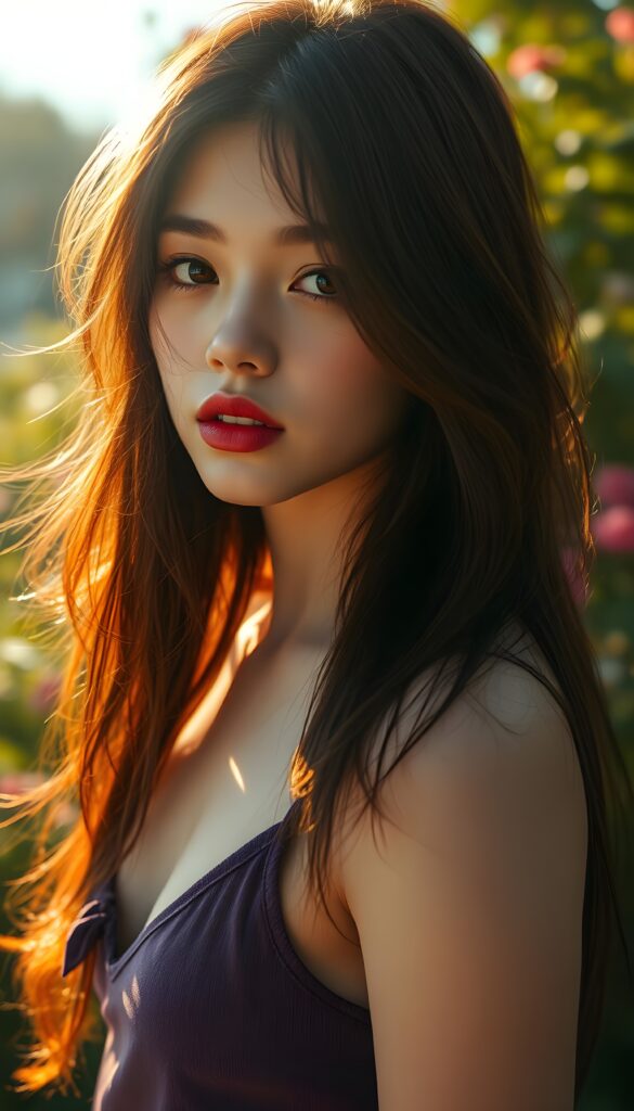 A captivating portrait of a young girl with long, flowing straight burgundy hair, her hair falls down to her shoulder and strikingly detailed burgundy eyes that shimmer with an otherworldly intensity. Her pale skin contrasts beautifully with her vividly full lips, which are painted a deep, rich red. She stands in a sun-drenched park, surrounded by lush greenery and vibrant flowers, as a gentle breeze tousles her hair. The scene is bathed in warm, golden sunlight, casting soft shadows and highlighting the intricate details of her features. The image is rendered in 8K UHD, with enhanced clarity and depth, creating a hyper-realistic and ethereal atmosphere. She wears a purple cropped spaghetti tank top, deep v-neck. Seductive. View from the side. Sun kissed skin.