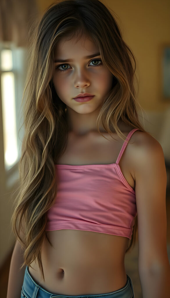 A captivating portrait of a young, stylish girl with long, wavy brown hair and blonde highlights, exuding a sense of sadness. She wears a short, pink tank top that accentuates her curves and blue denim jeans. Her expression is melancholic, her eyes glistening with emotion. The background is softly blurred, focusing attention on her. The lighting is warm and natural, casting gentle shadows that highlight her features. Her belly button is visible, adding to her youthful charm. The image is rendered in vivid colors, with a shallow depth of field to enhance the subject's presence.