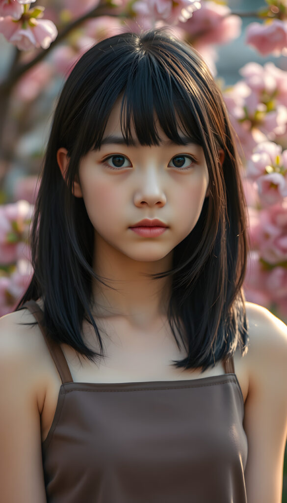 A captivating portrait of a youthful teenage girl with shoulder-length, smooth black hair with brown straps styled in delicate side-swept bangs, highlighting her expressive, piercing eyes. She wears a sleek, cropped tank top that complements her delicate features. The scene is set against a vibrant spring backdrop, with cerry blooming flowers, creating a serene and empathetic atmosphere. The focus is on her face, with soft, diffused lighting that accentuates her emotions and the intricate details of her appearance.
