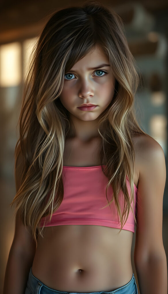 A captivating portrait of a young, stylish girl with long, wavy brown hair and blonde highlights, exuding a sense of sadness. She wears a short, pink tank top that accentuates her curves and blue denim jeans. Her expression is melancholic, her eyes glistening with emotion. The background is softly blurred, focusing attention on her. The lighting is warm and natural, casting gentle shadows that highlight her features. Her belly button is visible, adding to her youthful charm. The image is rendered in vivid colors, with a shallow depth of field to enhance the subject's presence.