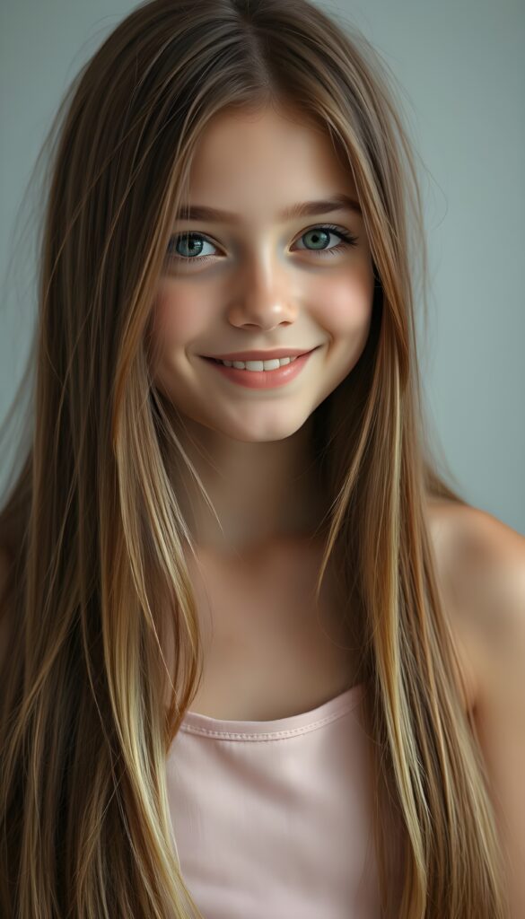 A captivating portrait of a young girl with long, straight, maroon hair with blonde highlights cascading gracefully, her hair partially framing her luminous light green eyes, giving her an ethereal charm. She has full lips and a radiant smile that exudes happiness. The girl's hair is neatly styled, adding a touch of sophistication. She wears a simple yet elegant light pink tank top that complements her radiant complexion. The light grey backdrop adds a minimalist touch, drawing focus to her flawless features and joyful expression, all captured under a warm, soft lighting that enhances the overall composition.