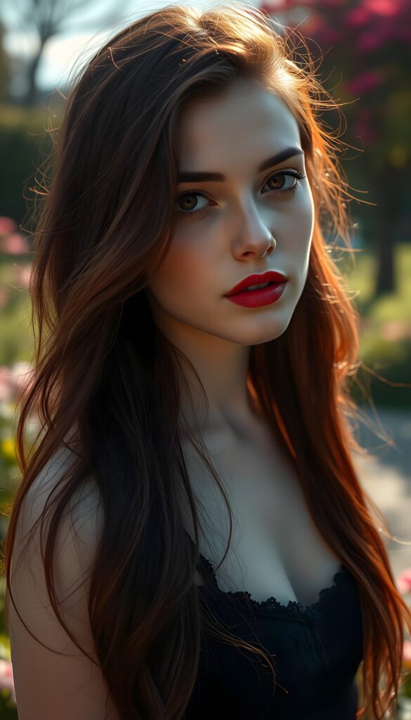 A captivating portrait of a young girl with long, flowing burgundy hair and strikingly detailed burgundy eyes that shimmer with an otherworldly intensity. Her pale skin contrasts beautifully with her vividly full lips, which are painted a deep, rich red. She stands in a sun-drenched park, surrounded by lush greenery and vibrant flowers, as a gentle breeze tousles her hair. The scene is bathed in warm, golden sunlight, casting soft shadows and highlighting the intricate details of her features. The image is rendered in 8K UHD, with enhanced clarity and depth, creating a hyper-realistic and ethereal atmosphere.