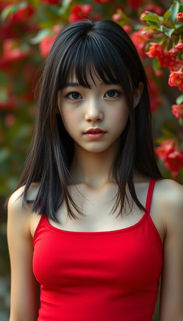 A captivating portrait of a youthful well busty teenage girl with smooth black long straight hair styled in delicate side-swept bangs, highlighting her expressive, piercing eyes. She wears a red sleek, cropped tank top that complements her delicate features. The scene is set against a vibrant spring backdrop, creating a serene and empathetic atmosphere. The focus is on her face, with soft, diffused lighting that accentuates her emotions and the intricate details of her appearance.