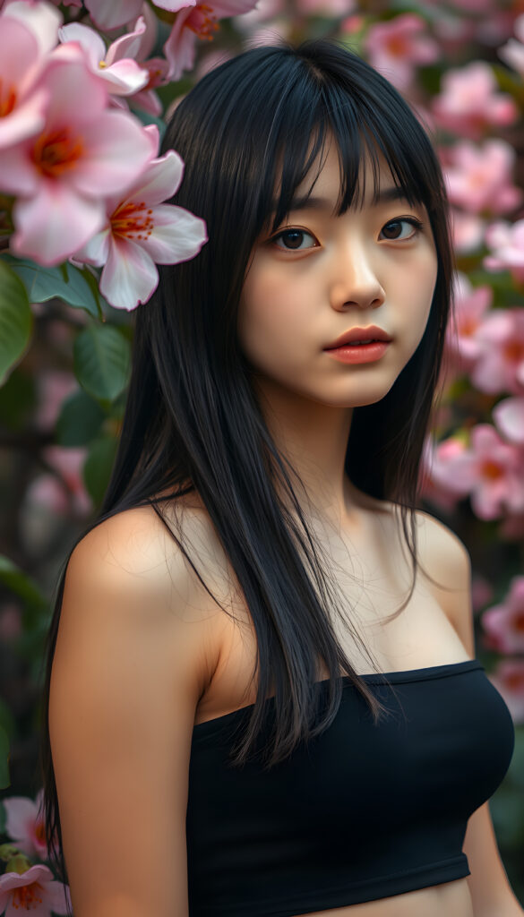 A captivating portrait of a youthful teenage girl with shoulder-length, smooth black hair with brown straps styled in delicate side-swept bangs, highlighting her expressive, piercing eyes. She wears a sleek, cropped tank top that complements her delicate features. The scene is set against a vibrant spring backdrop, with cerry blooming flowers, creating a serene and empathetic atmosphere. The focus is on her face, with soft, diffused lighting that accentuates her emotions and the intricate details of her appearance.