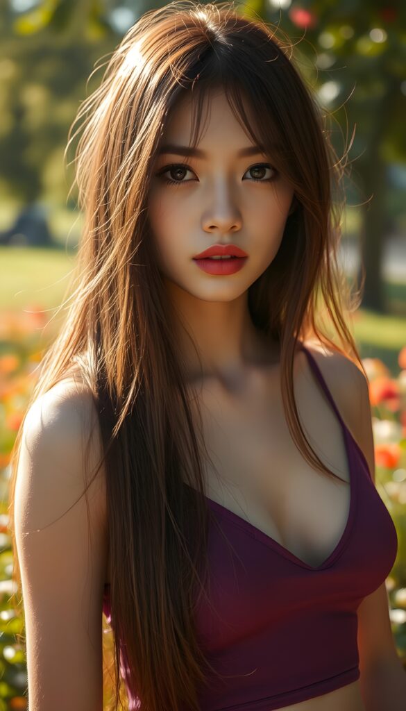 A captivating portrait of a young girl with long, flowing straight burgundy hair, her hair falls down to her shoulder and strikingly detailed burgundy eyes that shimmer with an otherworldly intensity. Her pale skin contrasts beautifully with her vividly full lips, which are painted a deep, rich red. She stands in a sun-drenched park, surrounded by lush greenery and vibrant flowers, as a gentle breeze tousles her hair. The scene is bathed in warm, golden sunlight, casting soft shadows and highlighting the intricate details of her features. The image is rendered in 8K UHD, with enhanced clarity and depth, creating a hyper-realistic and ethereal atmosphere. She wears a purple cropped spaghetti tank top, deep v-neck. Seductive. View from the side. Sun kissed skin.