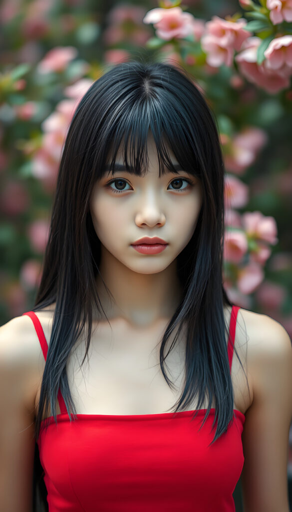 A captivating portrait of a youthful well busty teenage girl with smooth black long straight hair styled in delicate side-swept bangs, highlighting her expressive, piercing eyes. She wears a red sleek, cropped tank top that complements her delicate features. The scene is set against a vibrant spring backdrop, creating a serene and empathetic atmosphere. The focus is on her face, with soft, diffused lighting that accentuates her emotions and the intricate details of her appearance.