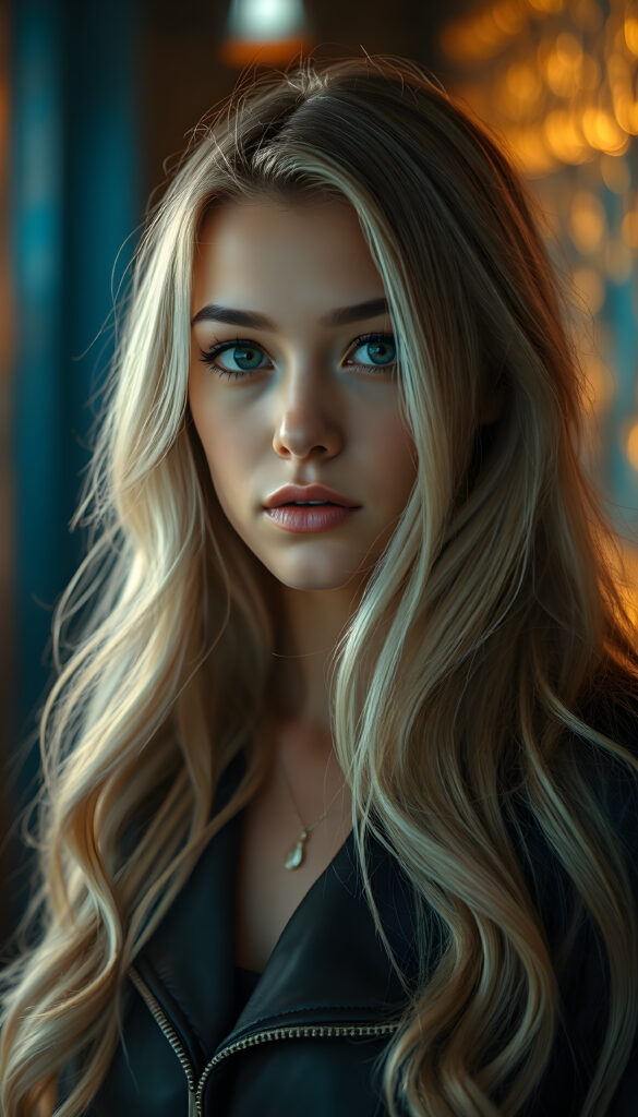 A captivating portrait of a young woman with long, wavy platinum blonde hair, cascading in a soft, layered manner. Her eyes are a deep, enchanting brown, framed by meticulously groomed, arched eyebrows. She wears a sleek, black leather jacket that adds an air of modern sophistication. The background is a dynamic interplay of warm golden lights and cool blue tones, creating a striking contrast that draws the eye. Soft, diffused lighting accentuates her features, casting subtle shadows that enhance the depth and texture of her hair. The atmosphere is serene yet vibrant, blending elegance with a touch of mystery, evoking a sense of timeless beauty.