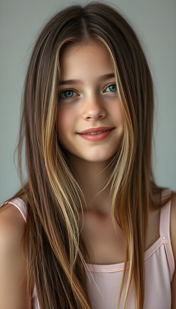 A captivating portrait of a young girl with long, straight, maroon hair with blonde highlights cascading gracefully, her hair partially framing her luminous light green eyes, giving her an ethereal charm. She has full lips and a radiant smile that exudes happiness. The girl's hair is neatly styled, adding a touch of sophistication. She wears a simple yet elegant light pink tank top that complements her radiant complexion. The light grey backdrop adds a minimalist touch, drawing focus to her flawless features and joyful expression, all captured under a warm, soft lighting that enhances the overall composition.