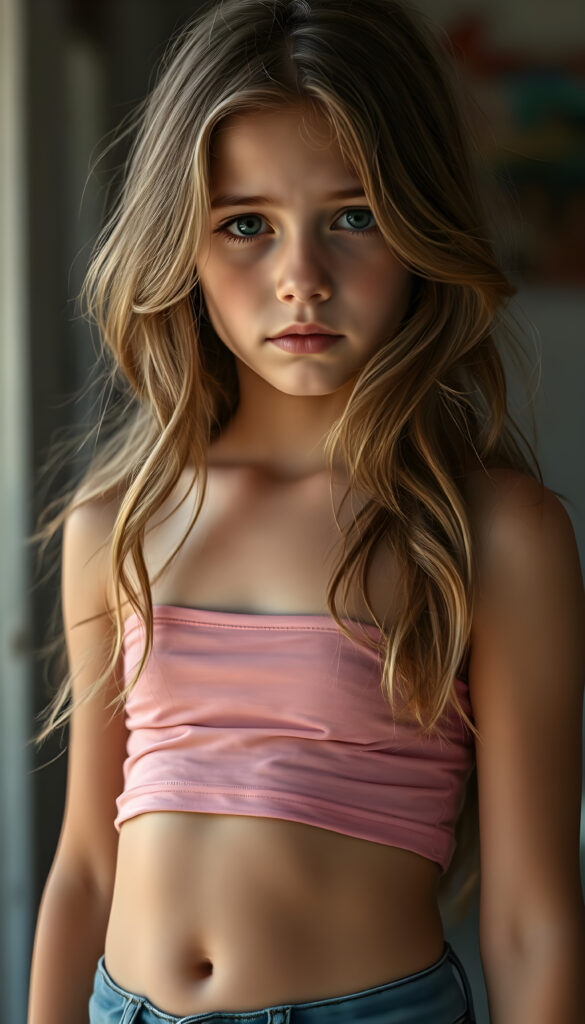 A captivating portrait of a young, stylish girl with long, wavy brown hair and blonde highlights, exuding a sense of sadness. She wears a short, pink tank top that accentuates her curves and blue denim jeans. Her expression is melancholic, her eyes glistening with emotion. The background is softly blurred, focusing attention on her. The lighting is warm and natural, casting gentle shadows that highlight her features. Her belly button is visible, adding to her youthful charm. The image is rendered in vivid colors, with a shallow depth of field to enhance the subject's presence.