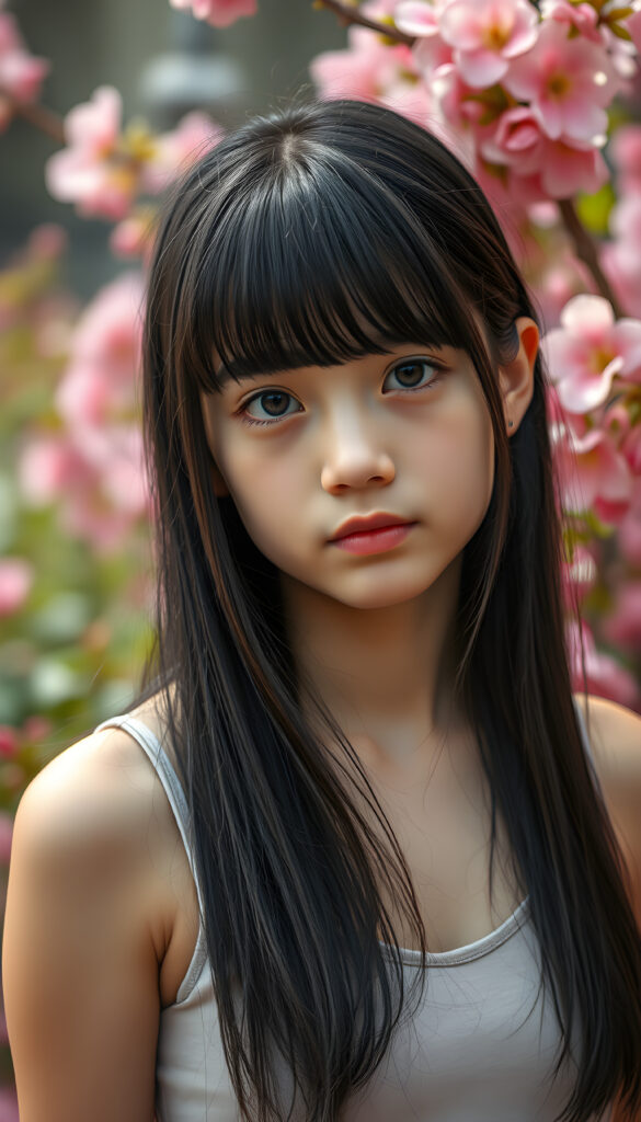 A captivating portrait of a youthful teenage girl with shoulder-length, smooth black hair with brown straps styled in delicate side-swept bangs, highlighting her expressive, piercing eyes. She wears a sleek, cropped tank top that complements her delicate features. The scene is set against a vibrant spring backdrop, with cerry blooming flowers, creating a serene and empathetic atmosphere. The focus is on her face, with soft, diffused lighting that accentuates her emotions and the intricate details of her appearance.