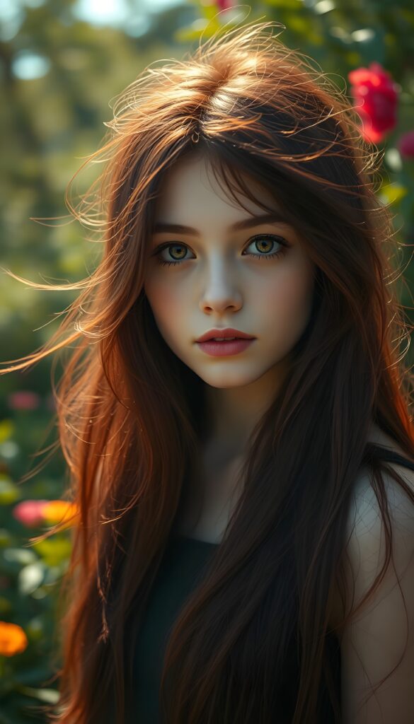 A captivating portrait of a young girl with long, flowing burgundy hair and strikingly detailed burgundy eyes that shimmer with an otherworldly intensity. Her pale skin contrasts beautifully with her vividly full lips, which are painted a deep, rich red. She stands in a sun-drenched park, surrounded by lush greenery and vibrant flowers, as a gentle breeze tousles her hair. The scene is bathed in warm, golden sunlight, casting soft shadows and highlighting the intricate details of her features. The image is rendered in 8K UHD, with enhanced clarity and depth, creating a hyper-realistic and ethereal atmosphere.