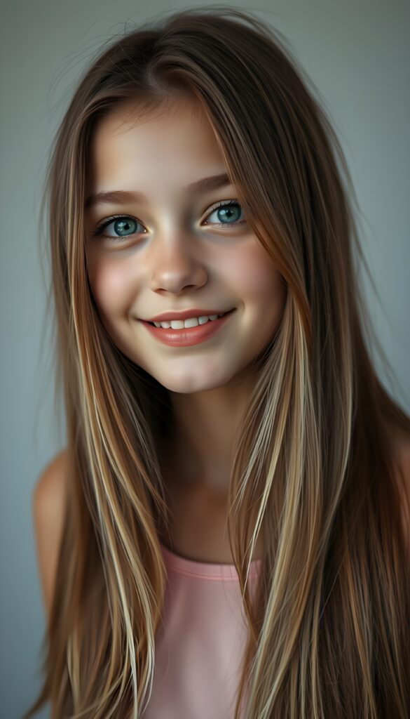 A captivating portrait of a young girl with long, straight, maroon hair with blonde highlights cascading gracefully, her hair partially framing her luminous light green eyes, giving her an ethereal charm. She has full lips and a radiant smile that exudes happiness. The girl's hair is neatly styled, adding a touch of sophistication. She wears a simple yet elegant light pink tank top that complements her radiant complexion. The light grey backdrop adds a minimalist touch, drawing focus to her flawless features and joyful expression, all captured under a warm, soft lighting that enhances the overall composition.