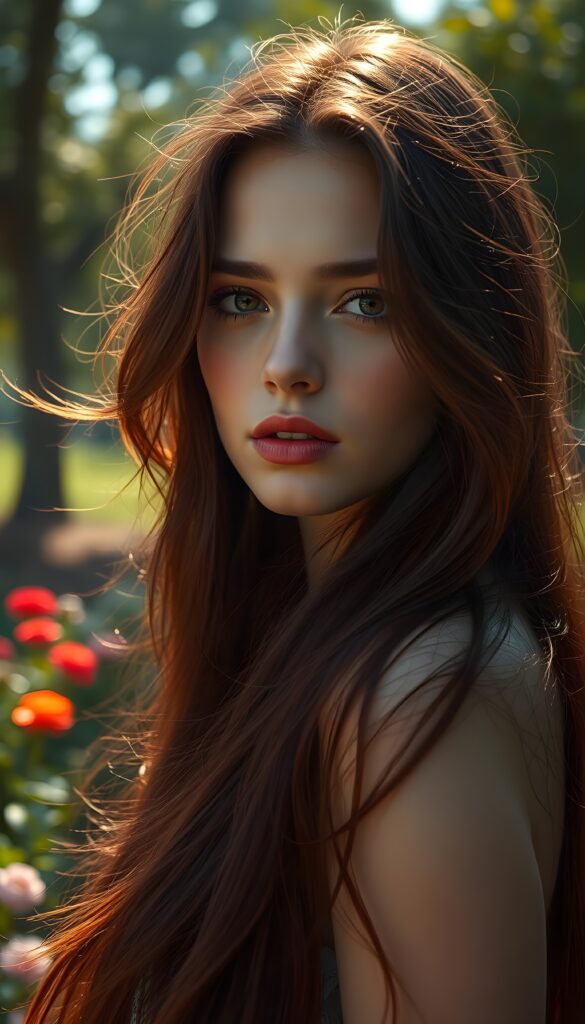 A captivating portrait of a young girl with long, flowing burgundy hair and strikingly detailed burgundy eyes that shimmer with an otherworldly intensity. Her pale skin contrasts beautifully with her vividly full lips, which are painted a deep, rich red. She stands in a sun-drenched park, surrounded by lush greenery and vibrant flowers, as a gentle breeze tousles her hair. The scene is bathed in warm, golden sunlight, casting soft shadows and highlighting the intricate details of her features. The image is rendered in 8K UHD, with enhanced clarity and depth, creating a hyper-realistic and ethereal atmosphere.